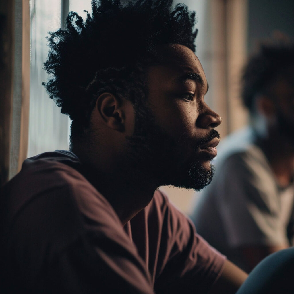 Black Male sitting on a couch with a sad expression