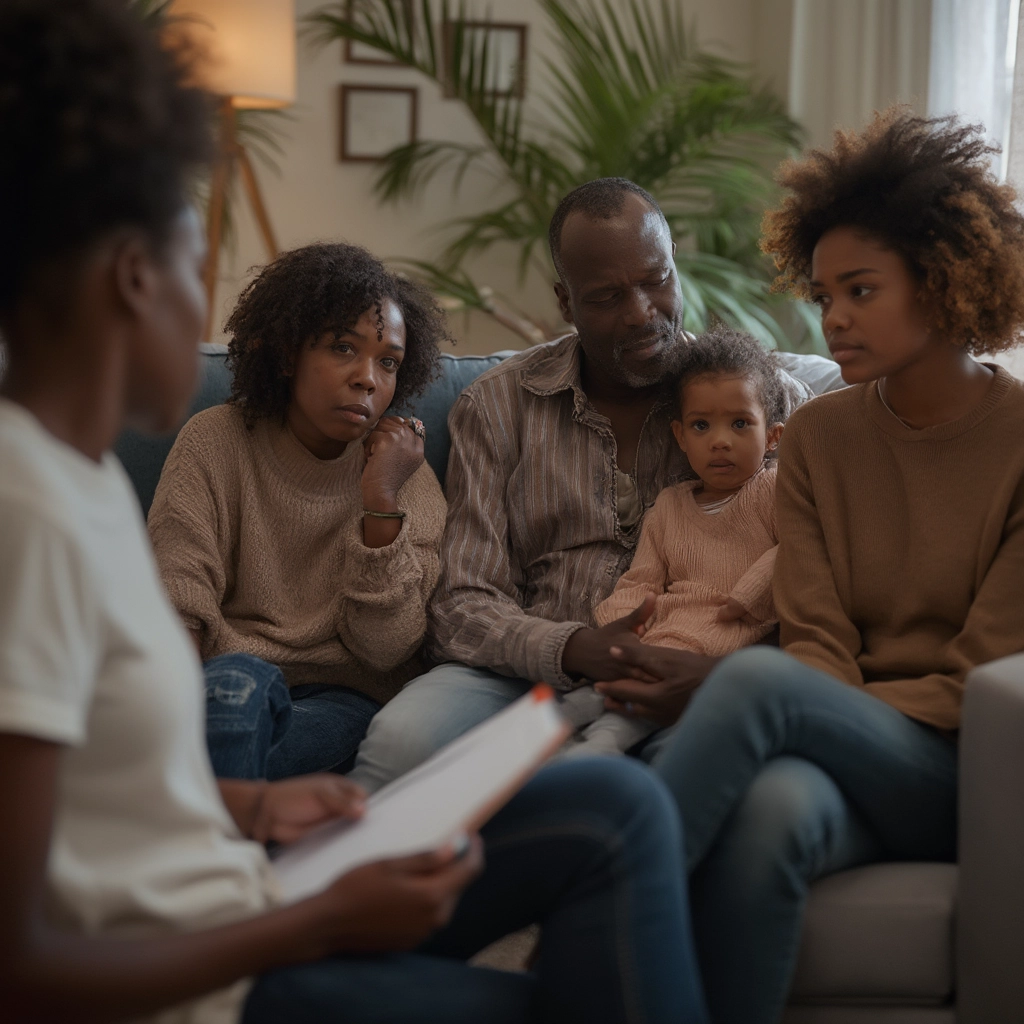 Family Therapy, Parents and Teenage Child Talking with a Therapist in a Cozy Living Room Setting