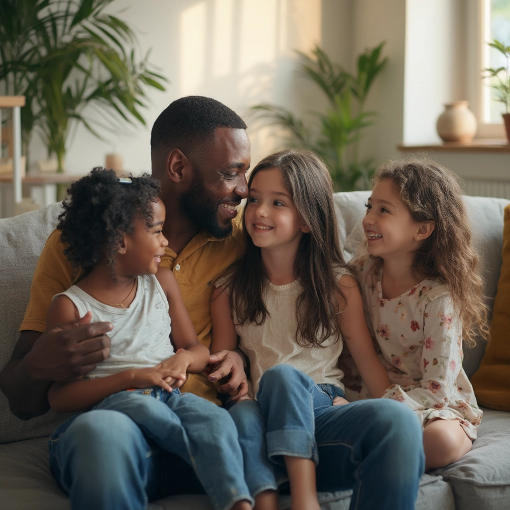 Black Father Sitting with His Three Kids, Sharing a Joyful Moment in a Cozy Living Room