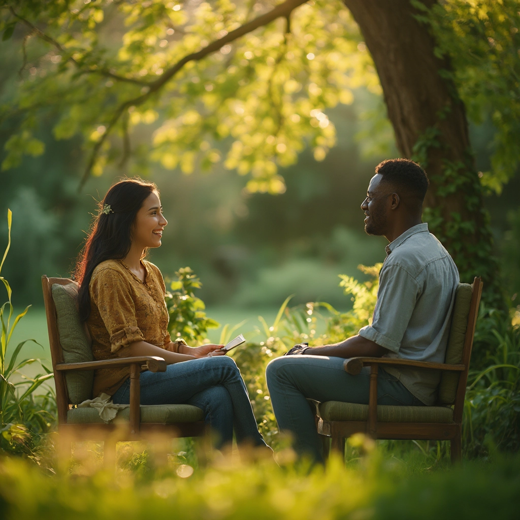 Two people talking in a calming garden setting during therapy