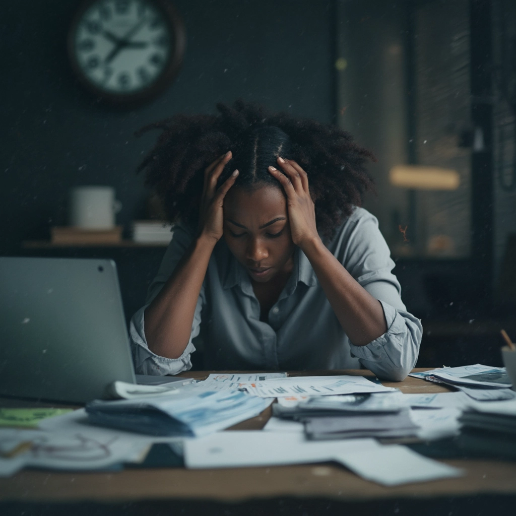 Anxious woman at her desktop, overwhelmed with work and paper