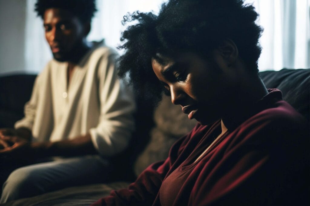 Woman looking exhausted on the couch