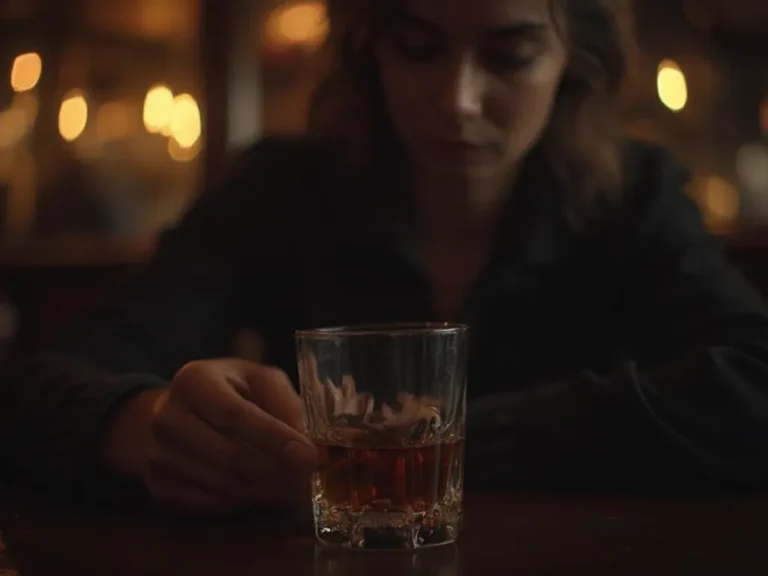 Contemplative person at a bar holding a whiskey glass