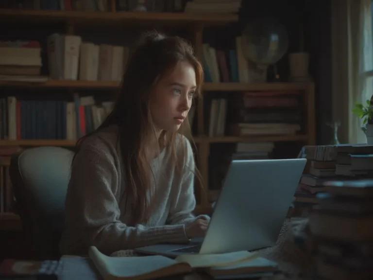 Contemplative young adult with ADHD surrounded by work in a cozy room