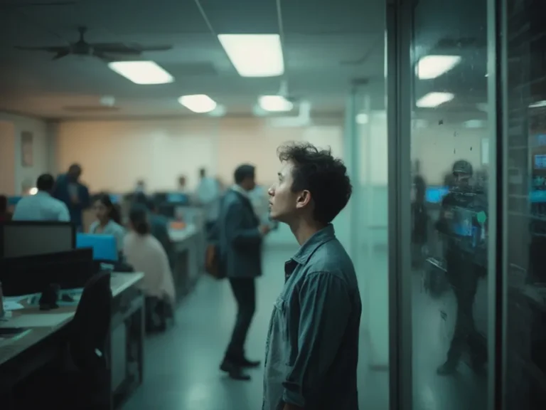 Individual observing a busy office environment, reflecting social anxiety