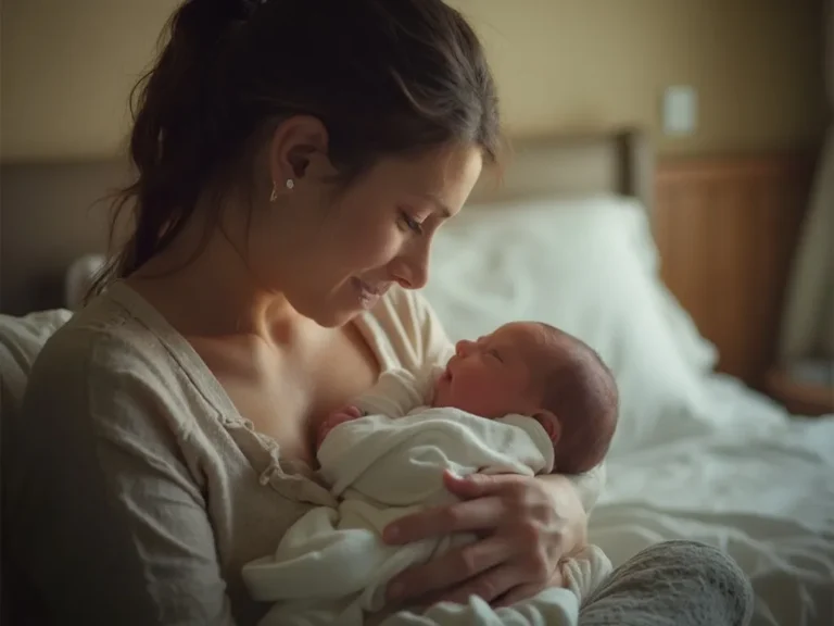 New mother holding her newborn in a calm setting