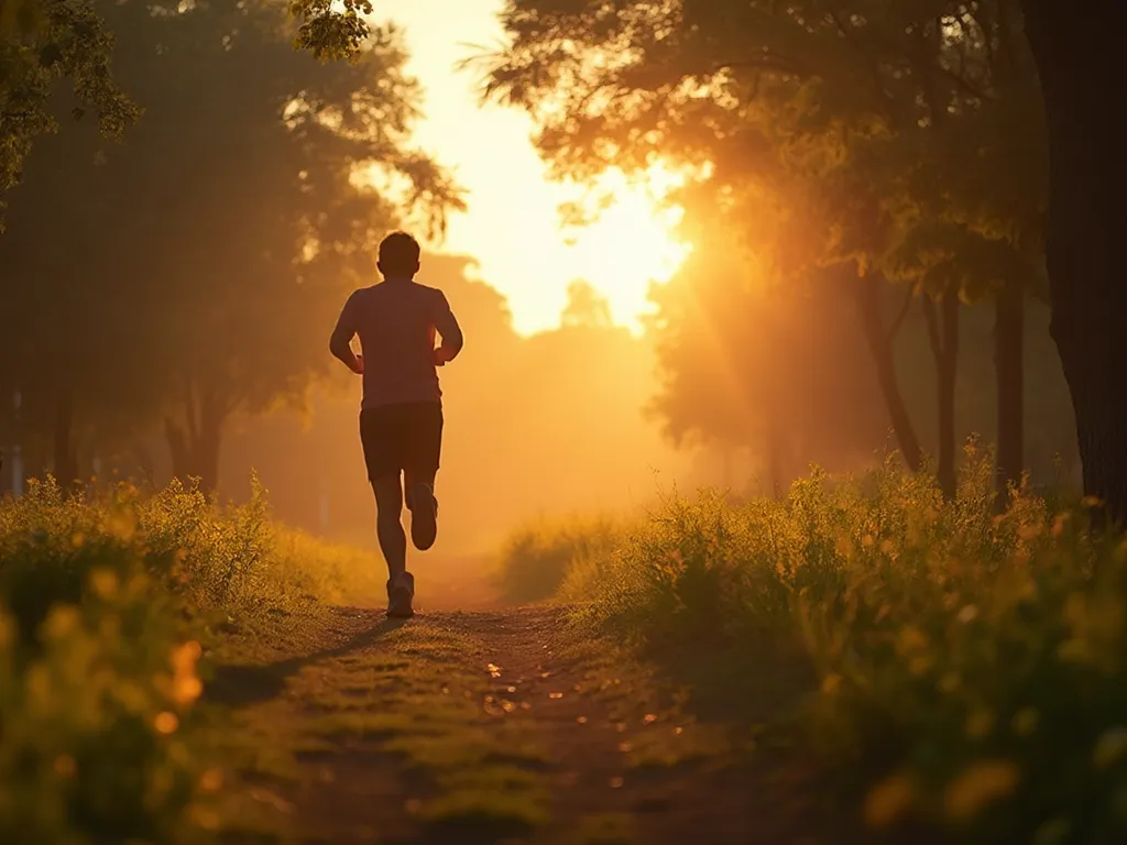 Person jogging in a park at sunrise