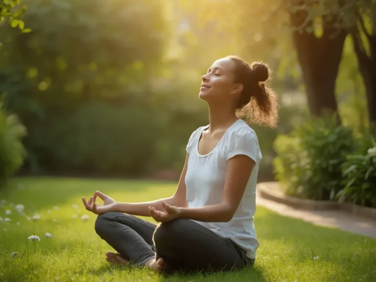 Person practicing deep breathing in a tranquil garden