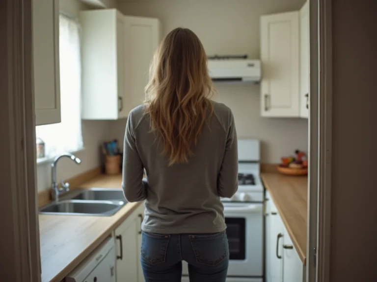 A woman standing alone in a kitchen with her back turned, symbolizing emotional overwhelm, disconnection, or the silent struggle of holding everything together.