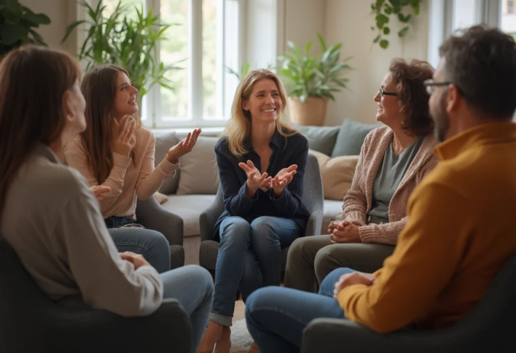 Support group meeting with empathetic conversations
