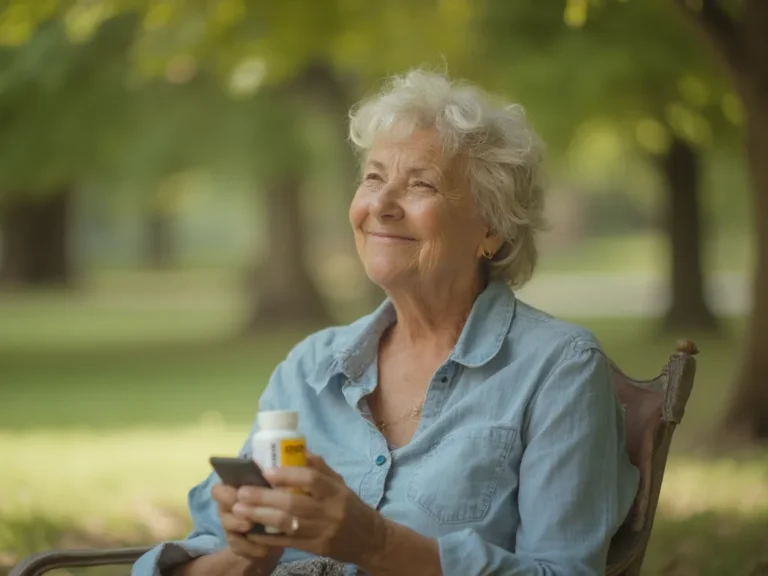 Woman holding anxiety medication in a park