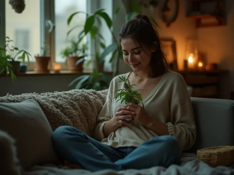 A young woman peacefully holding a cannabis plant in a cozy living room