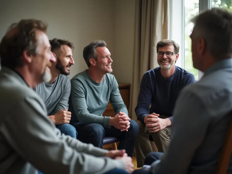 Men in a support group setting discussing anxiety openly