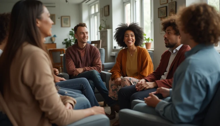 Support group for depression with diverse people sharing emotions