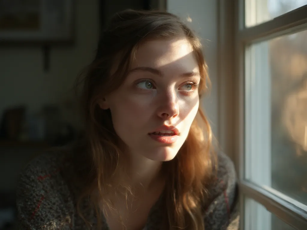 Young woman contemplating by a window, symbolizing introspection