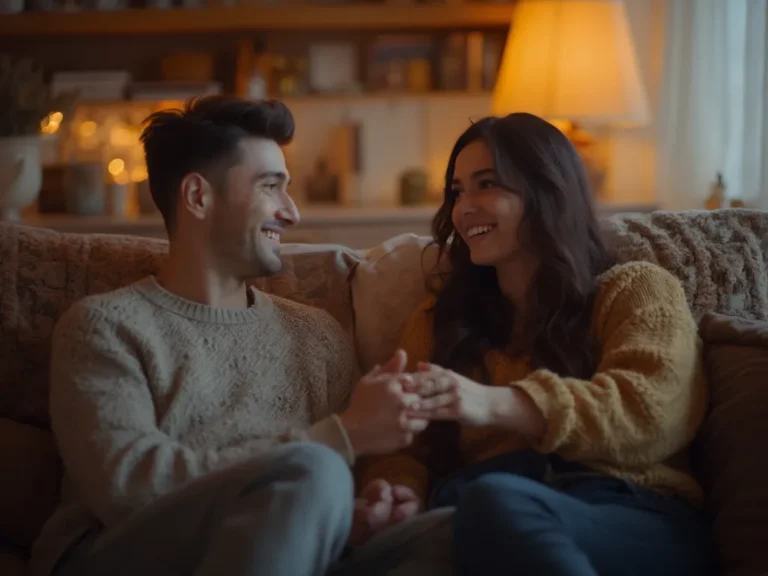 Couple engaging in a deep conversation on a couch, smiling warmly.