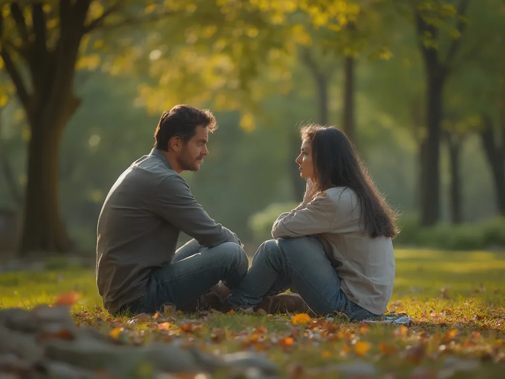 Couple taking a calming break during a disagreement in a park