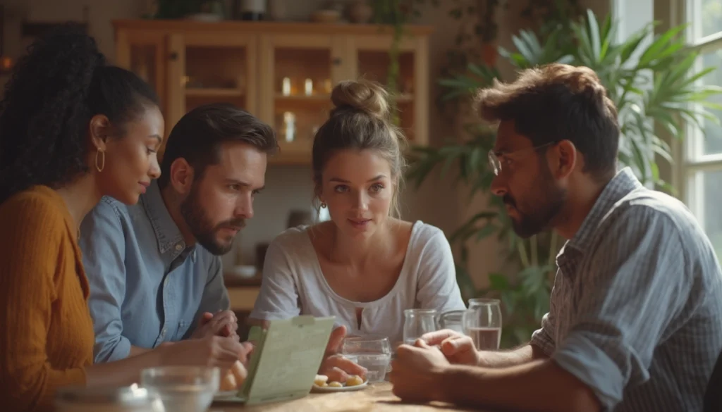 two couples demonstrating different conflict styles in a discussion setting